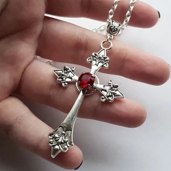 Gothic Cross Fashion Necklace with Red Jewel - Picture 3 of 7